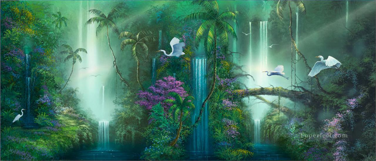 Fantasy Falls cranes rainforest mountains Oil Paintings